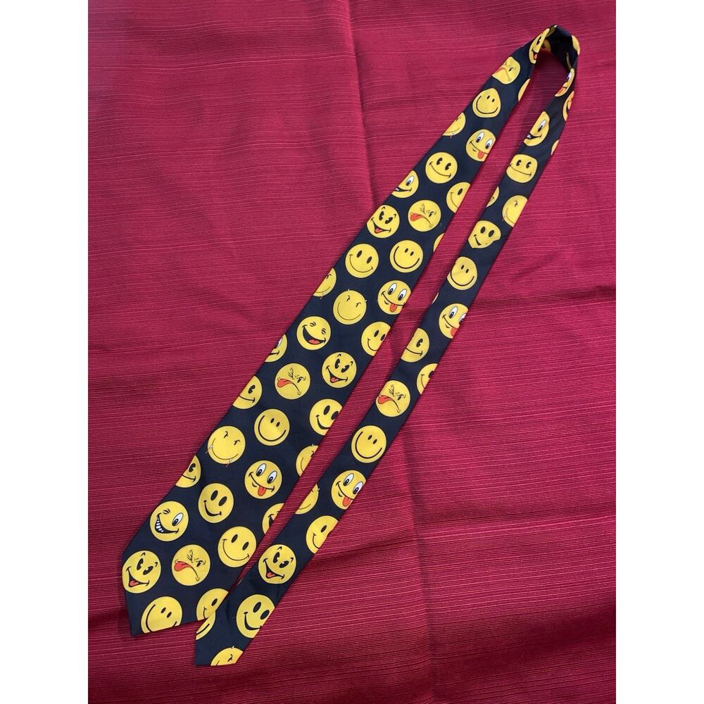 Ralph Marlin Men's Tie‎ Black Yellow Smiley Faces Emoji Polyester Vintage 1995